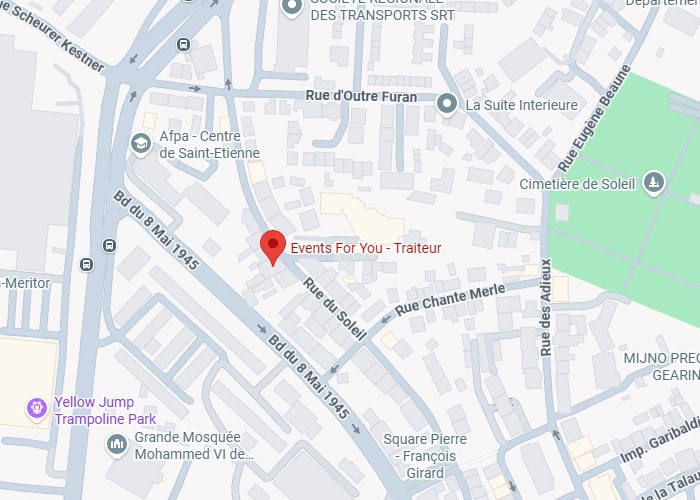 Events For You Traiteur Saint-Étienne : Carte et adresse. Carte de Saint-Étienne : localisation de "Events For You - Traiteur" entre le Bd du 8 Mai 1945 et la Rue du Soleil, près de l'Afpa.