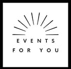 Logo moderne et minimaliste noir et blanc avec un motif d'éclat lumineux. Le texte clair indique : EVENTS FOR YOU, pour l'organisation d'événements.