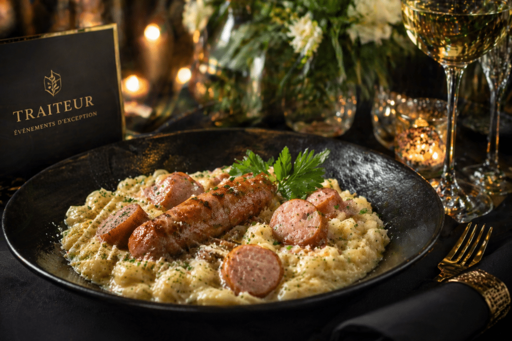 Traiteur Événements d'Exception : Saucisses et Risotto Saucisses grillées sur risotto crémeux, Traiteur Événements d'Exception, dîner raffiné aux chandelles.